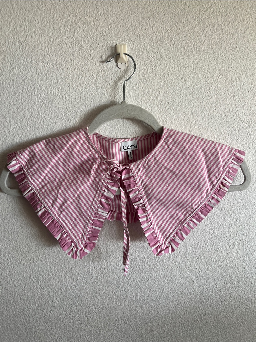 Ganni Pink and White Striped Ruffle Tie Collar
